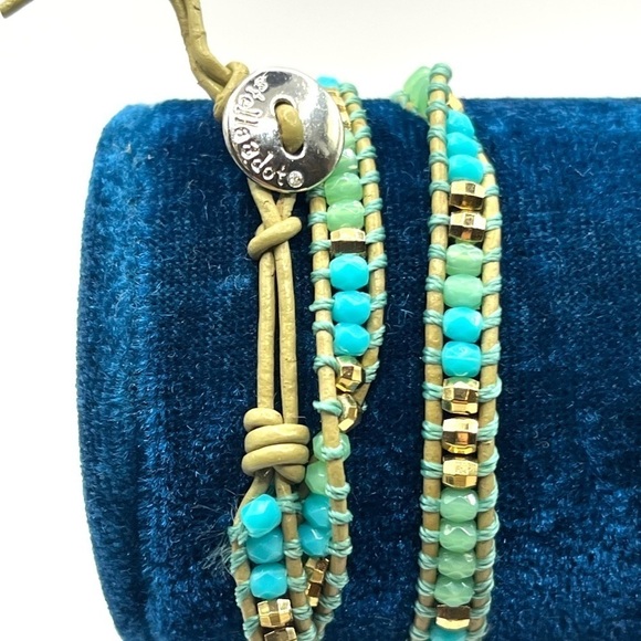 S&D Wanderlust Triple Wrap Bracelet Blue and Green Beads Tan leather Cord 22 - Picture 1 of 10